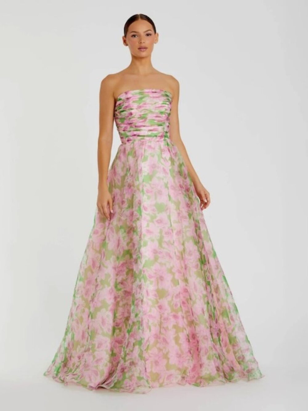 Mac Duggal Pink Green Multi Strapless Floral Chiffon Ruched Gown